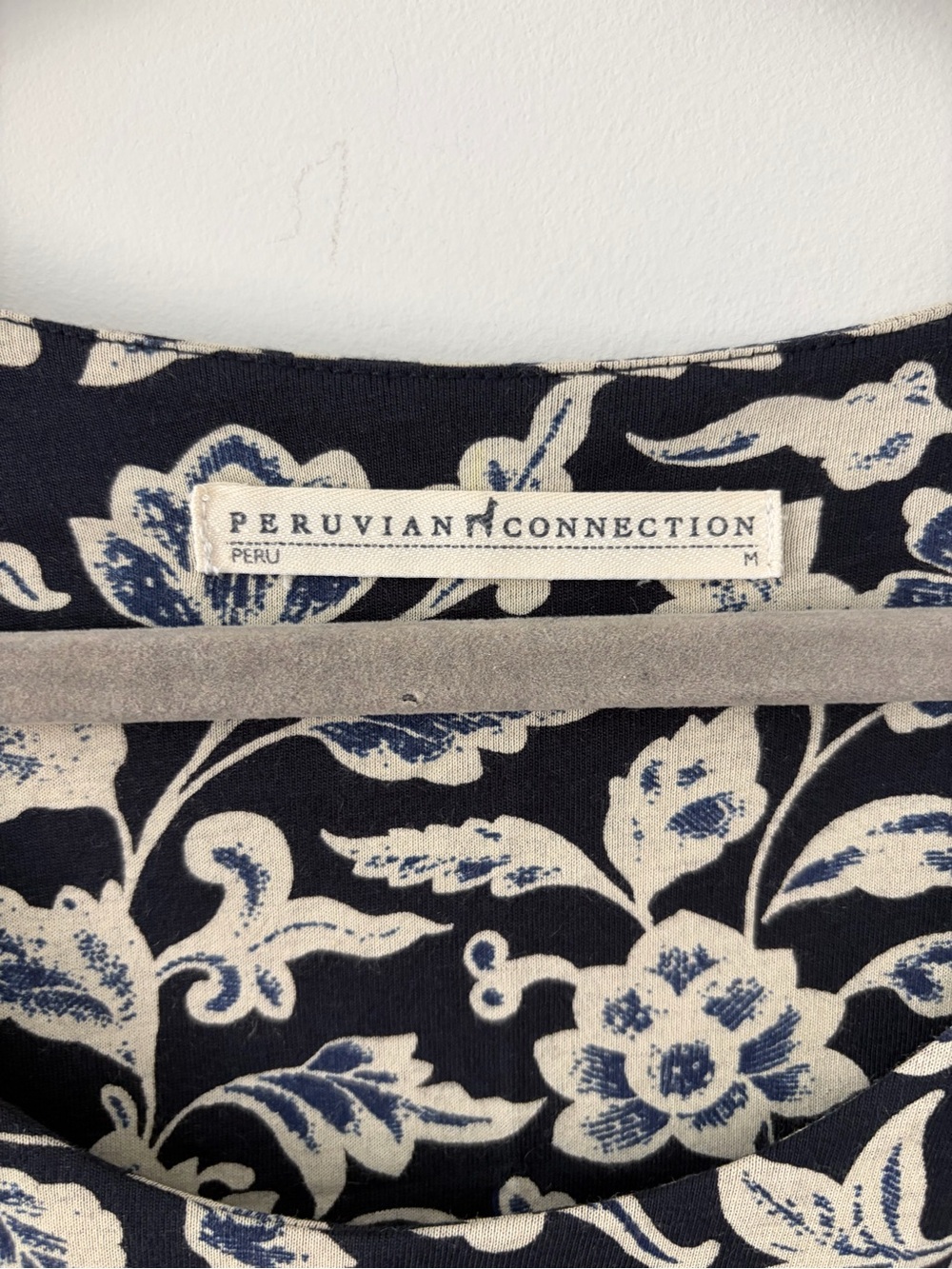 Peruvian Connection Blue Cream Black Floral Long Sleeve Tunic Boho Blouse M - Picture 3 of 7